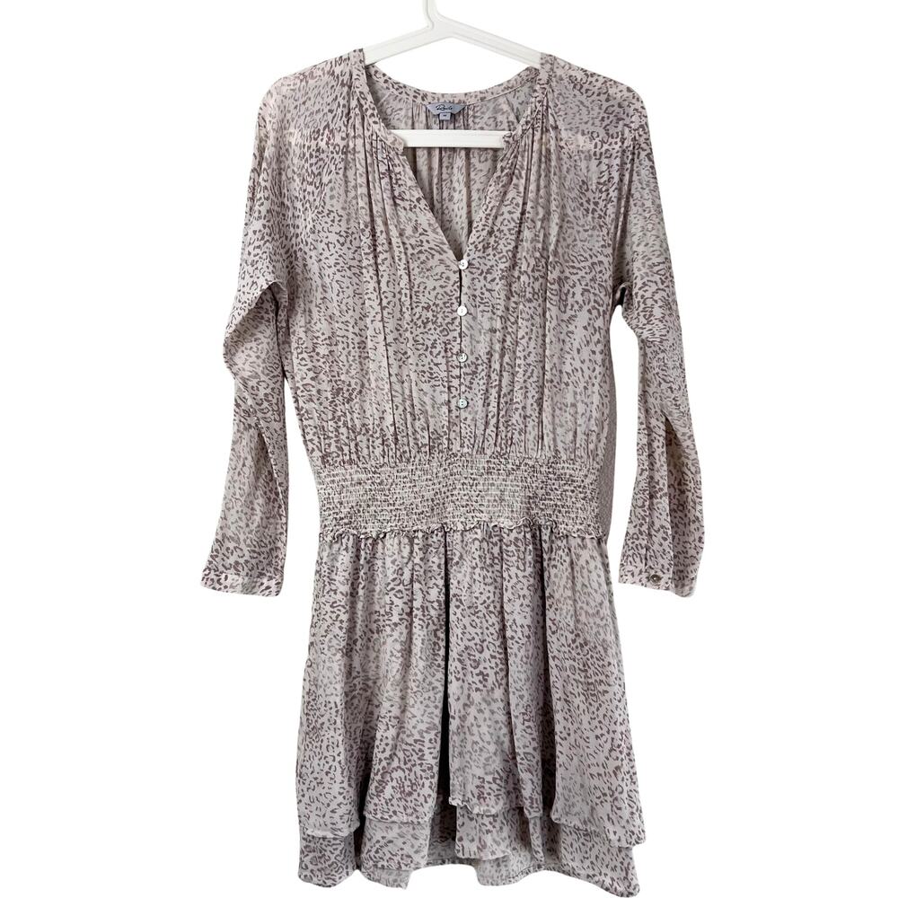 Rails Jasmine Tan Watercolor Leopard Mini Dress Womens Medium Smocked Waist Boho - Picture 2 of 10